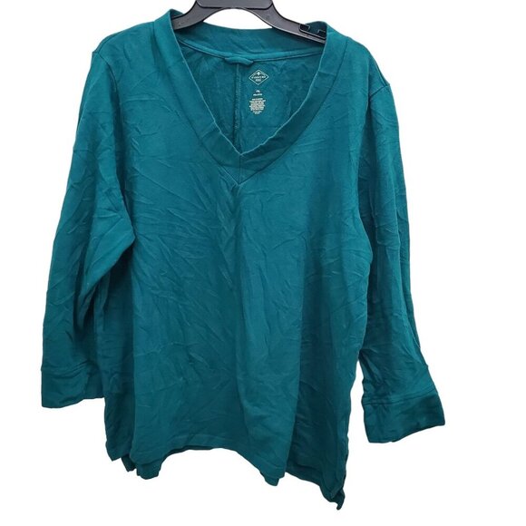St. John's Bay Woman's Teal‎ Textured Cotton V-neck Basic 3/4 Top Plus Size XXL - Picture 1 of 4